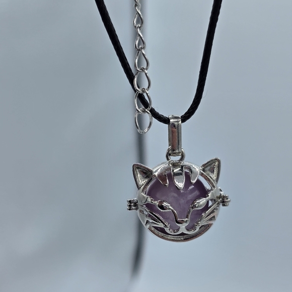 Purple Kunzite Sphere Crystal w/ Kitty Cat Locket Necklace - Picture 2 of 7